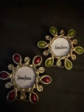 Neiman Marcus Gold-Tone Brooch Pair with Red & Green Enamel